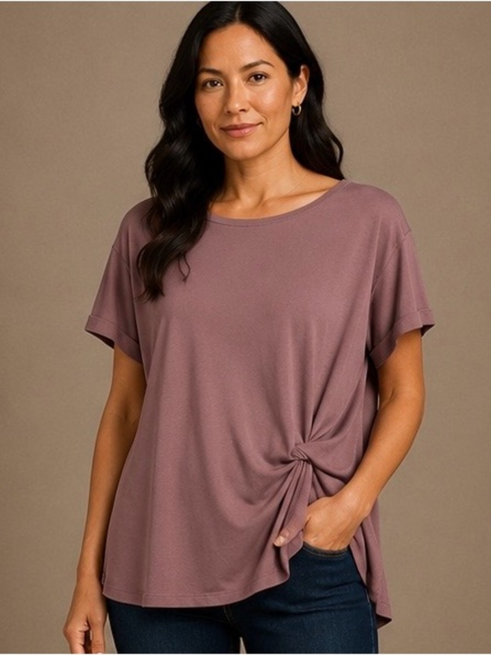 Leith Mauve Twist-Detail Short Sleeve Top - Size XXL